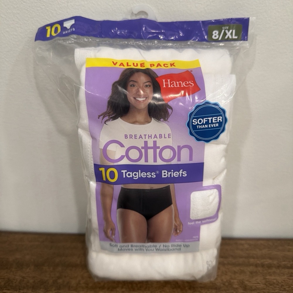Hanes Womens 10-Pack Cotton Tagless Briefs Underwear White Size 8/XL NEW